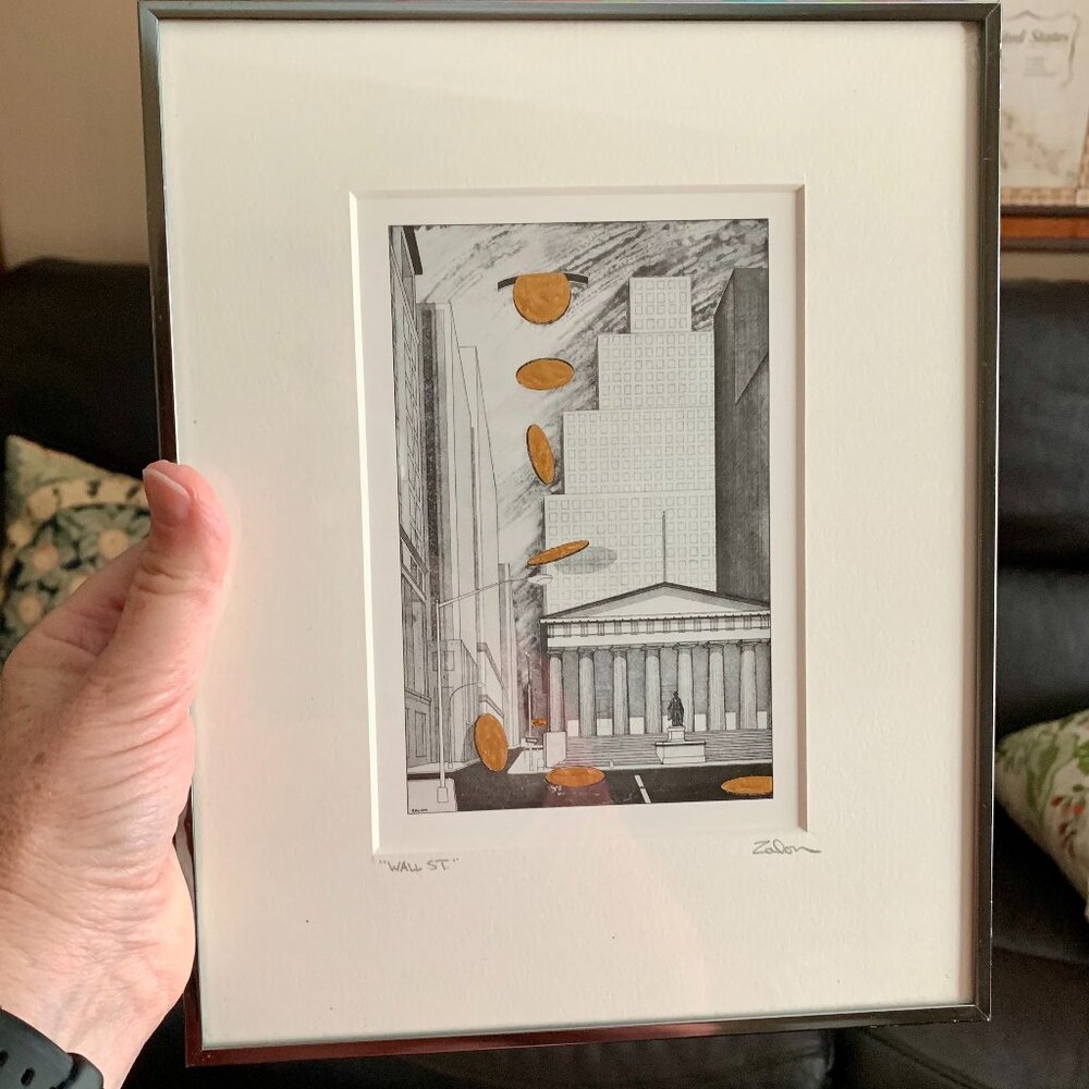 Artist Signed "Wall Street" print of Pennies from Heaven Desk/Den/Office Art